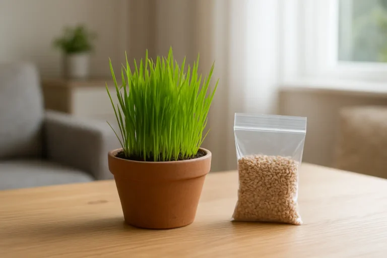Pot d’herbe à chat fraîchement cultivée dans un intérieur lumineux