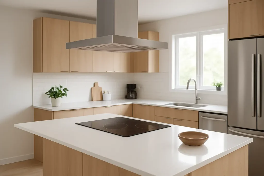 Hotte d’îlot central moderne installée au-dessus d’un îlot de cuisine