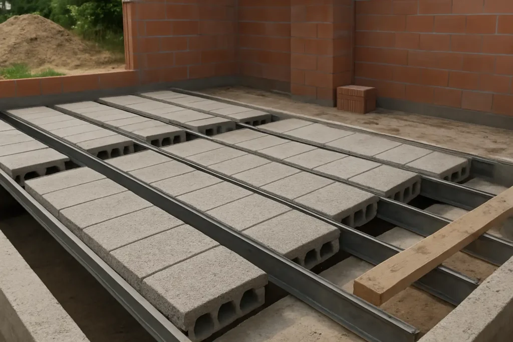 Plancher en construction avec hourdis béton posés entre des poutrelles