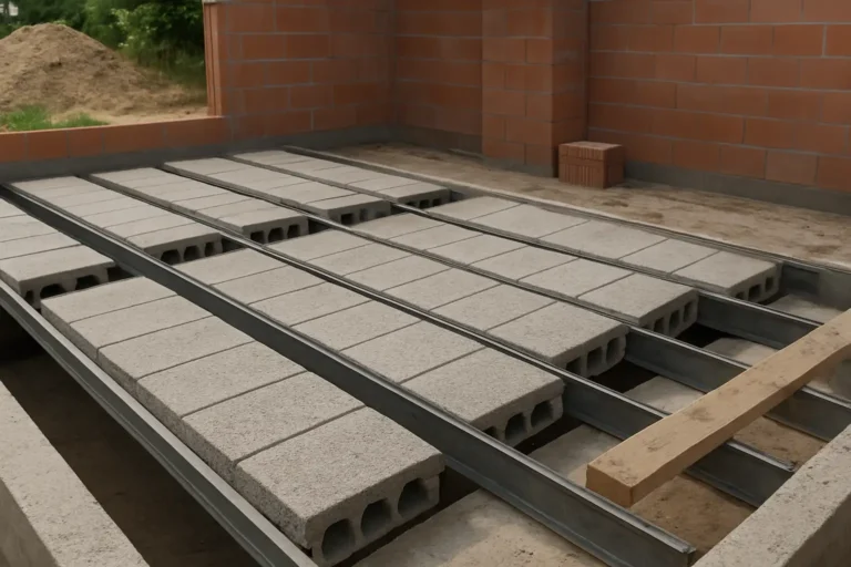 Plancher en construction avec hourdis béton posés entre des poutrelles