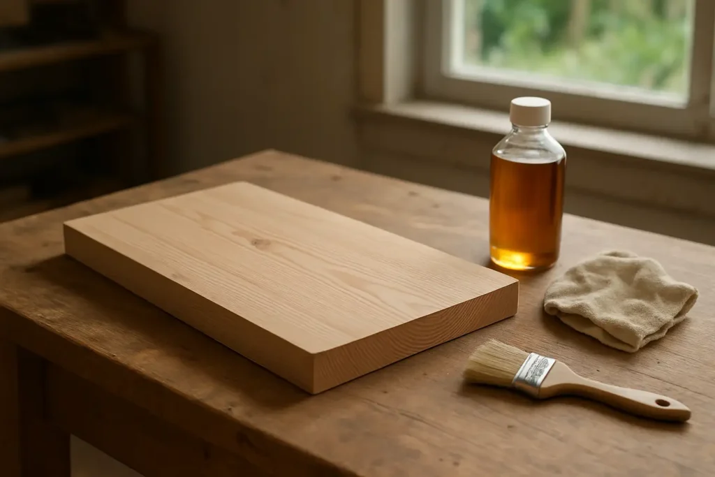Bouteille d’huile de lin, chiffon et planche en bois brut pour l’entretien du bois