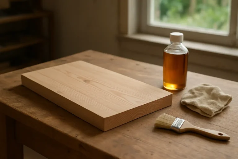 Bouteille d’huile de lin, chiffon et planche en bois brut pour l’entretien du bois
