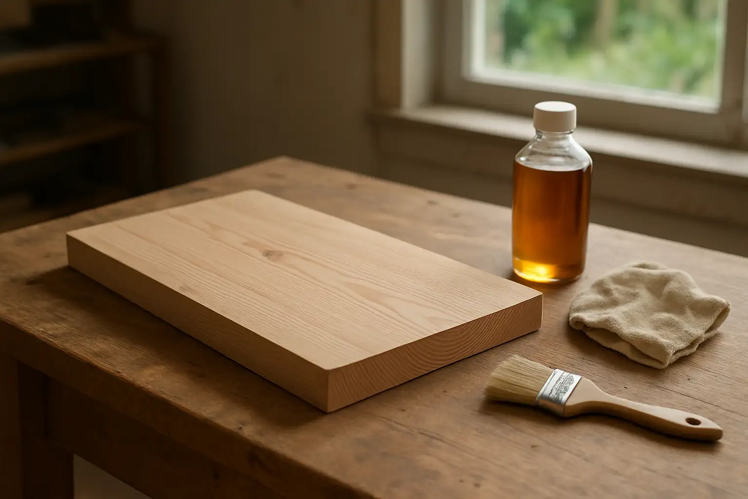 Bouteille d’huile de lin, chiffon et planche en bois brut pour l’entretien du bois