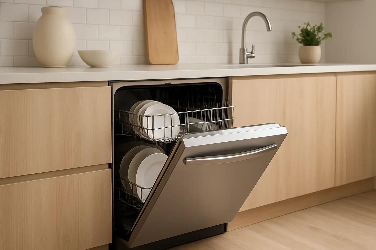 Lave vaisselle Valberg dans une cuisine moderne avec la porte ouverte