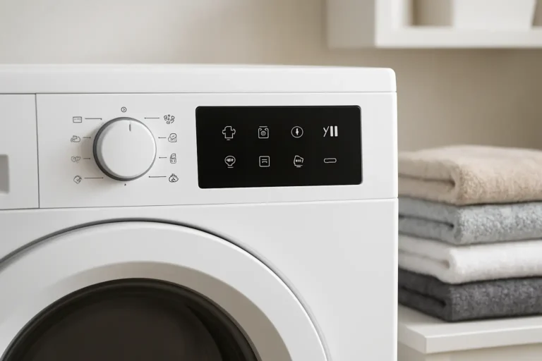 Bandeau de commande d’un sèche-linge avec pictogrammes de séchage visibles dans une buanderie