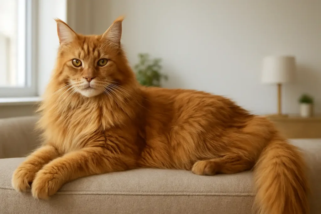 Main coon roux au pelage long et roux dans un intérieur lumineux