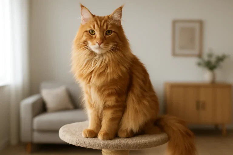 Maine coon roux assis sur un arbre à chat dans un salon lumineux