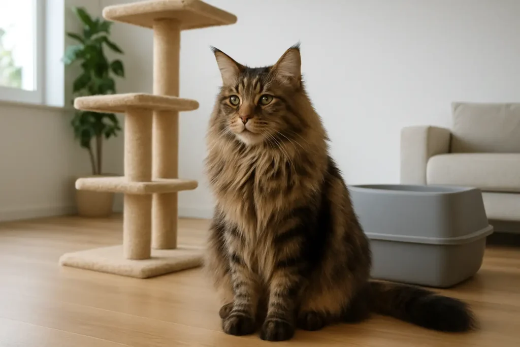 Maine Coon de grande taille dans un intérieur moderne avec arbre à chat et litière