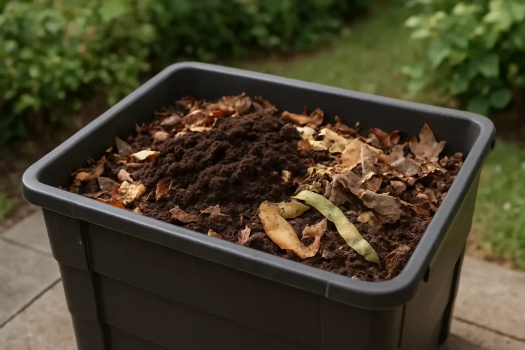 Bac de compostage avec marc de café sec mélangé à des déchets organiques dans un jardin
