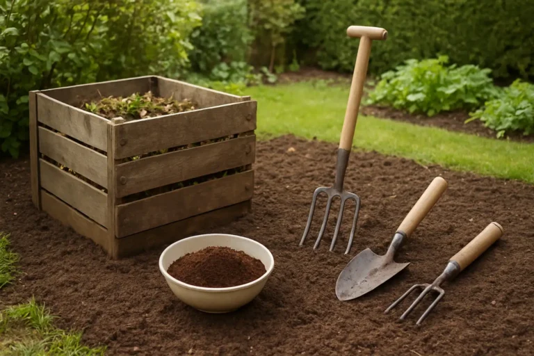Marc de café sec utilisé au jardin près d’un bac de compost et d’un potager