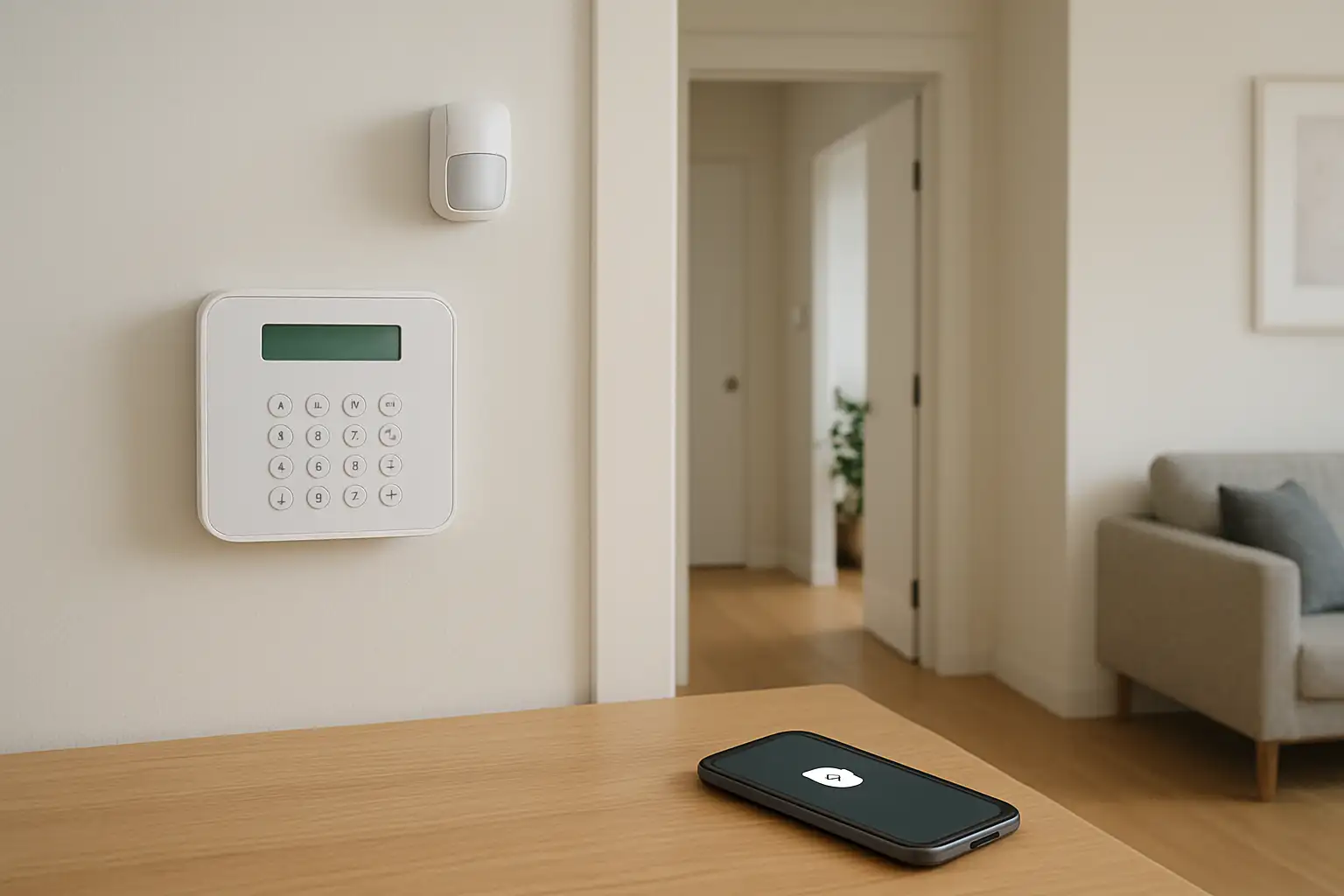 Système d’alarme maison sans abonnement installé dans une maison moderne avec capteurs et smartphone de sécurité