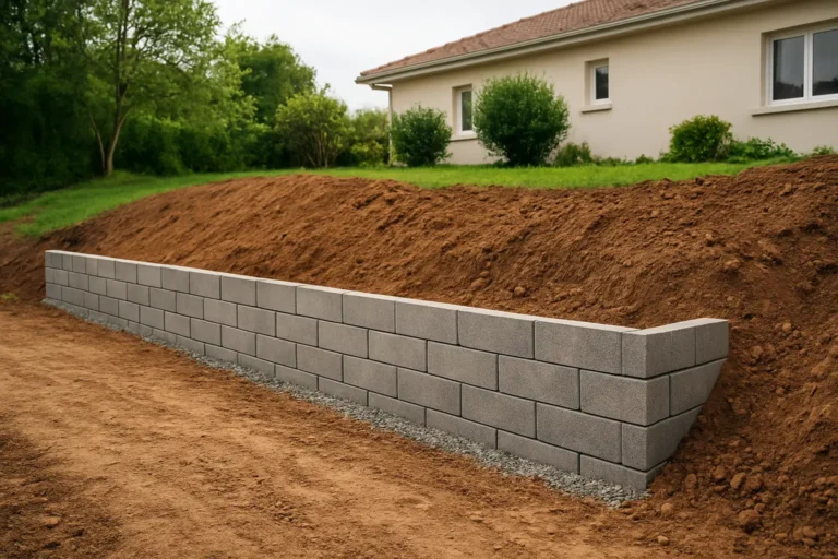 Mur de soutènement dans un jardin en pente avec terrassement et drainage