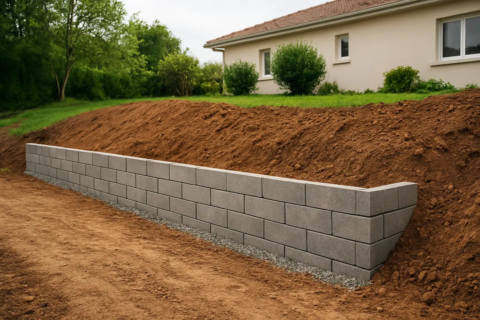 Mur de soutènement dans un jardin en pente avec terrassement et drainage