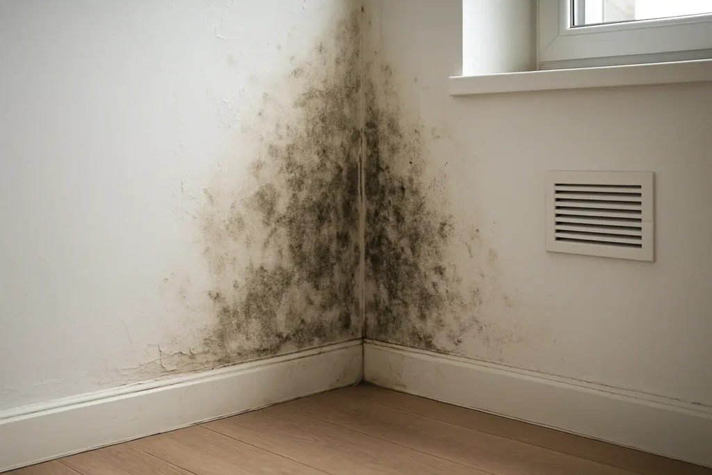 Mur moisi dans une pièce intérieure avec traces d’humidité et peinture abîmée