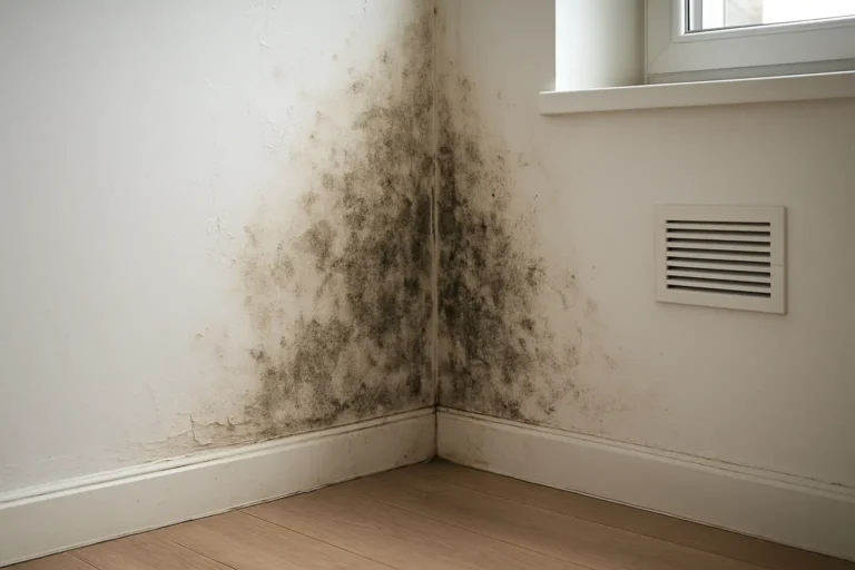 Mur moisi dans une pièce intérieure avec traces d’humidité et peinture abîmée