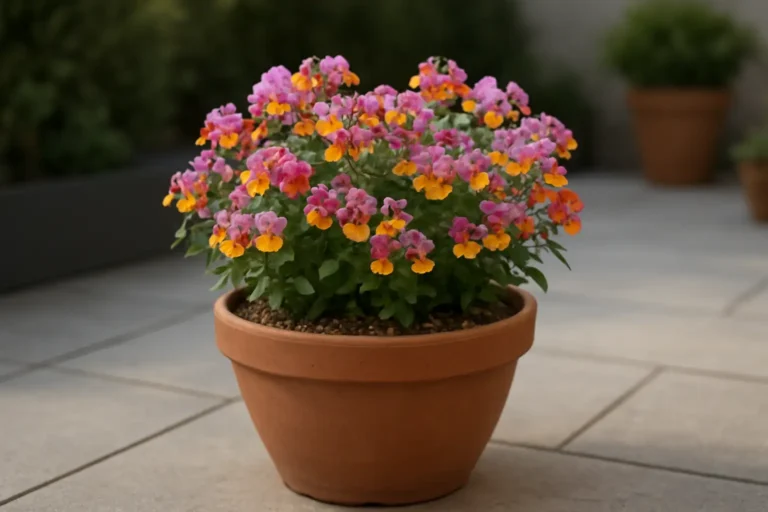 Nemesia en pot sur une terrasse de jardin avec fleurs colorées
