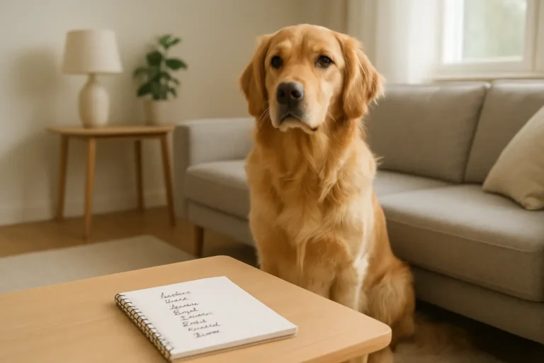 Chien dans un intérieur lumineux près d’une liste de prénoms pour chien en A