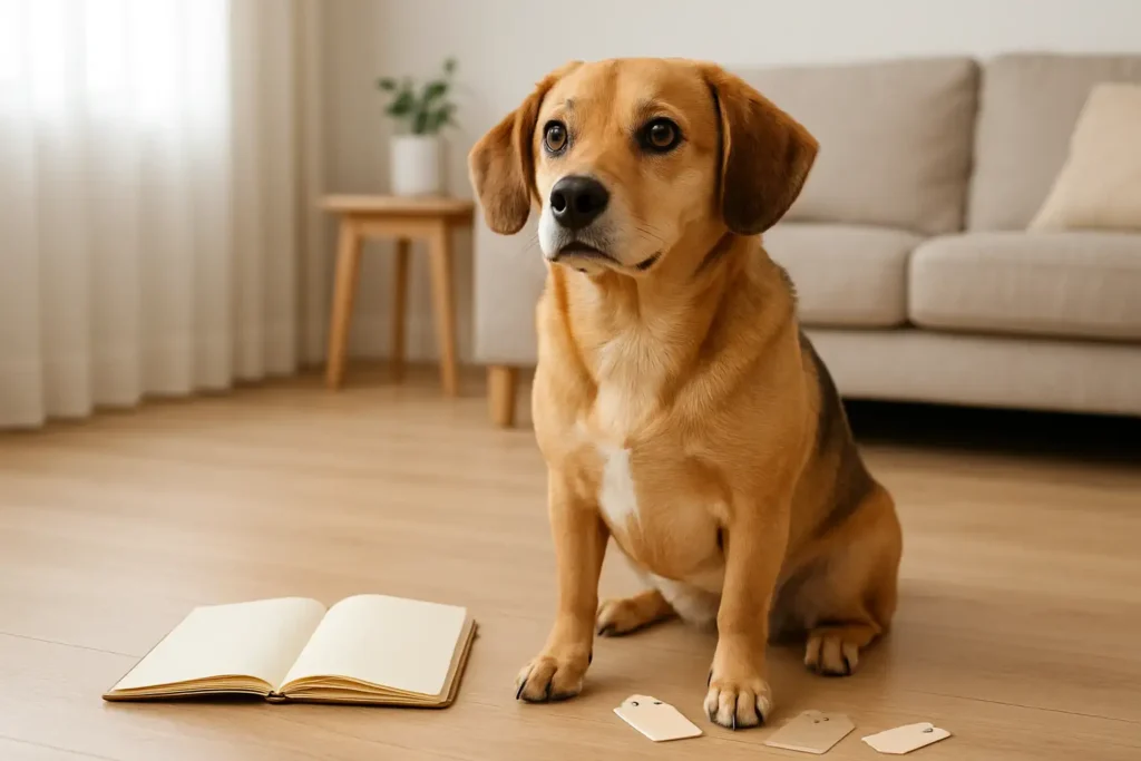 Chien de compagnie dans un intérieur lumineux avec des idées de noms à proximité