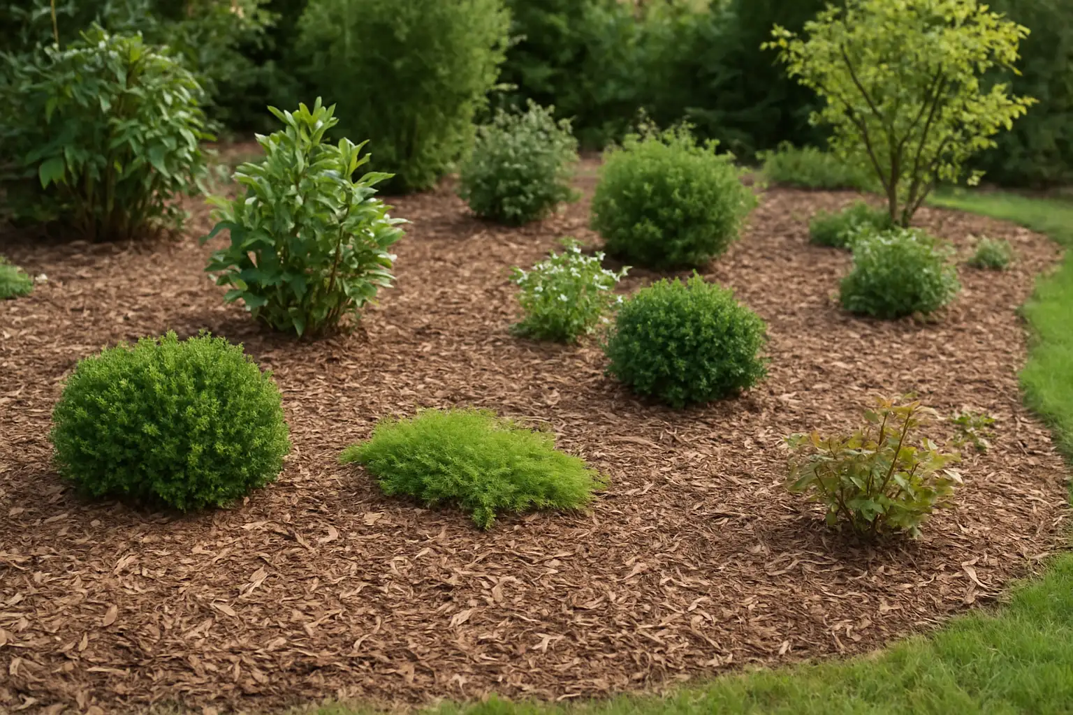 Massif de jardin avec paillis de bois naturel autour des plantes