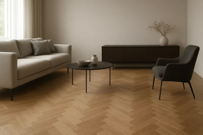 Salon moderne avec parquet chevron en bois et décoration sobre