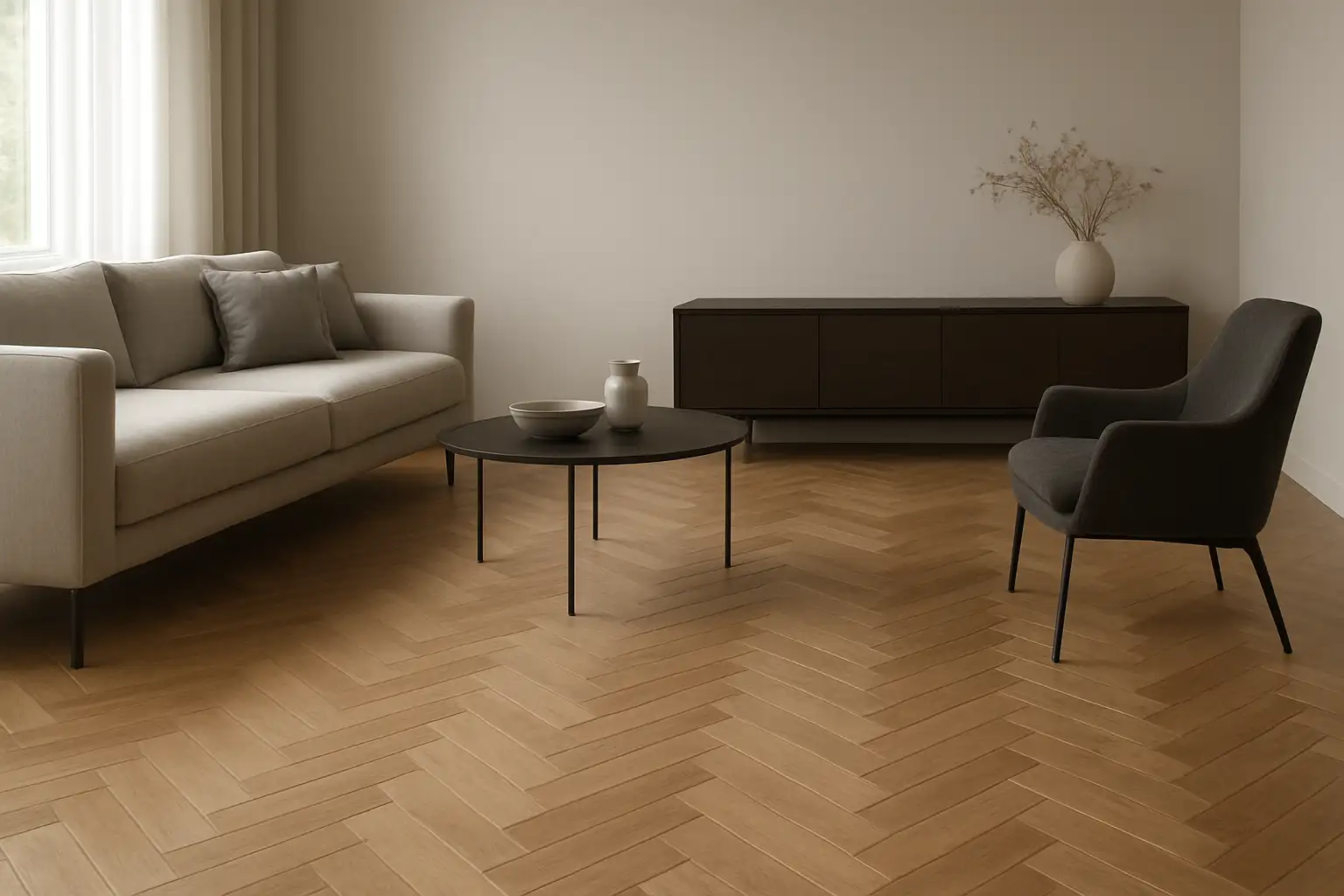 Salon moderne avec parquet chevron en bois et décoration sobre