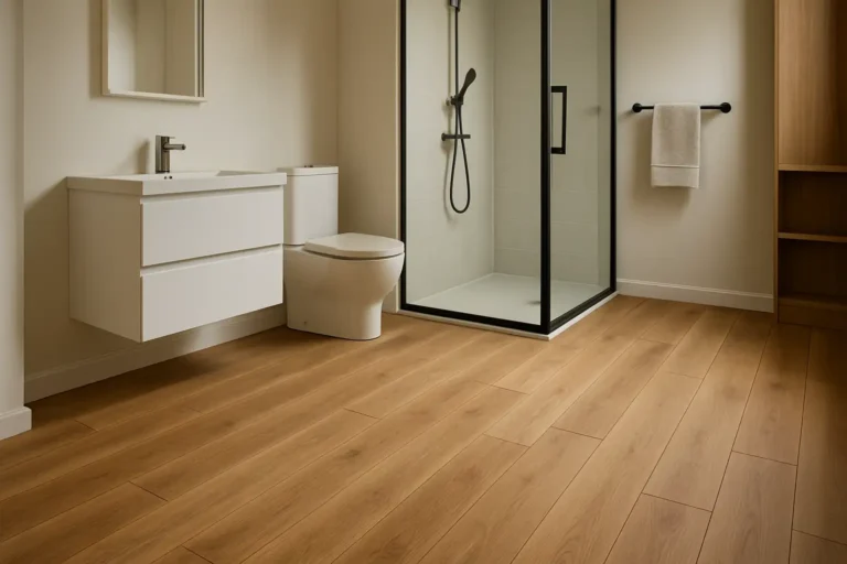 Salle de bain moderne avec parquet en bois adapté aux pièces humides