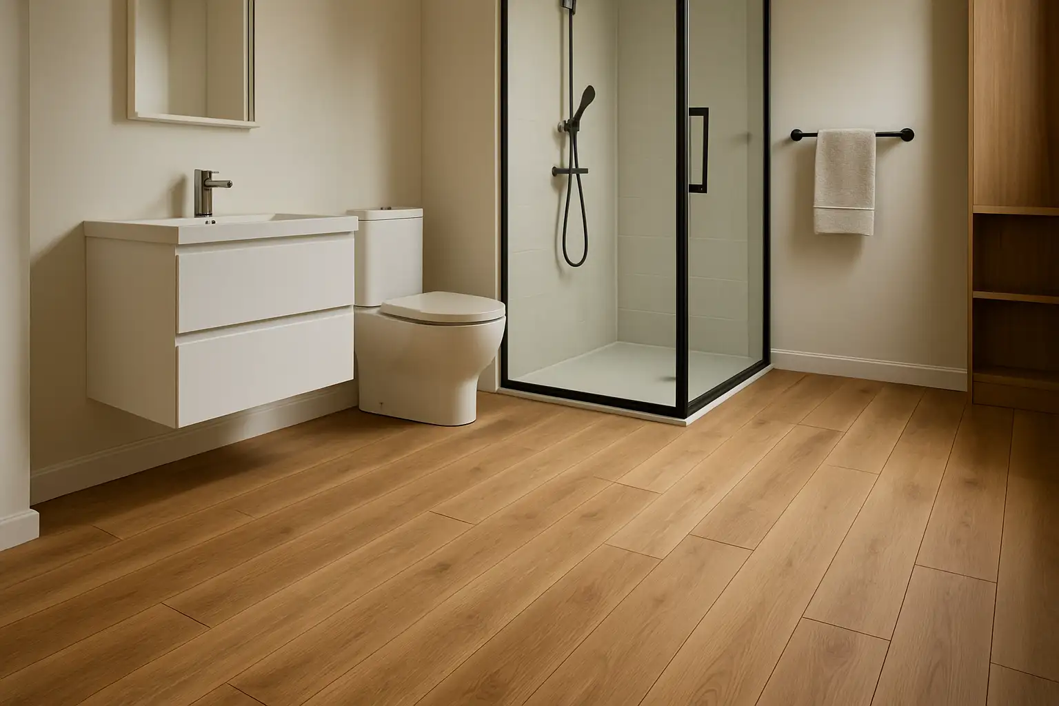 Salle de bain moderne avec parquet en bois adapté aux pièces humides