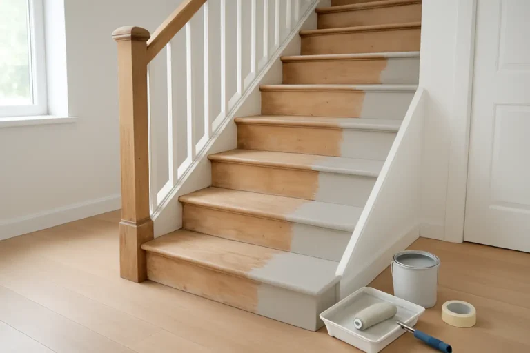 Escalier en bois en cours de peinture avec outils de rénovation dans une maison