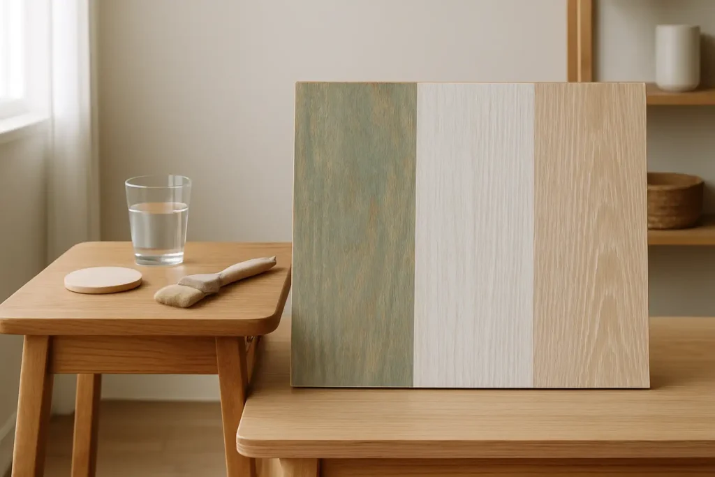 Échantillons de peinture bois à effet sur une surface en bois dans un intérieur moderne