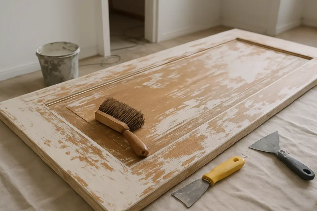 Décapage de peinture sur une surface en bois avant repeinture