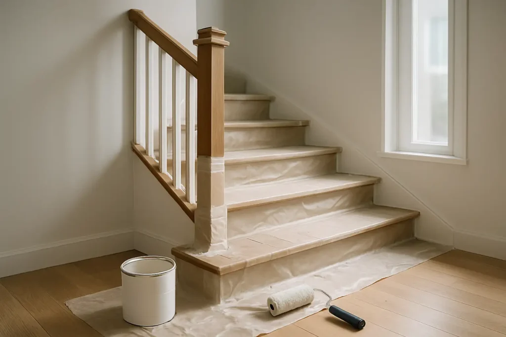Escalier en bois intérieur en cours de peinture avec pot de peinture et rouleau