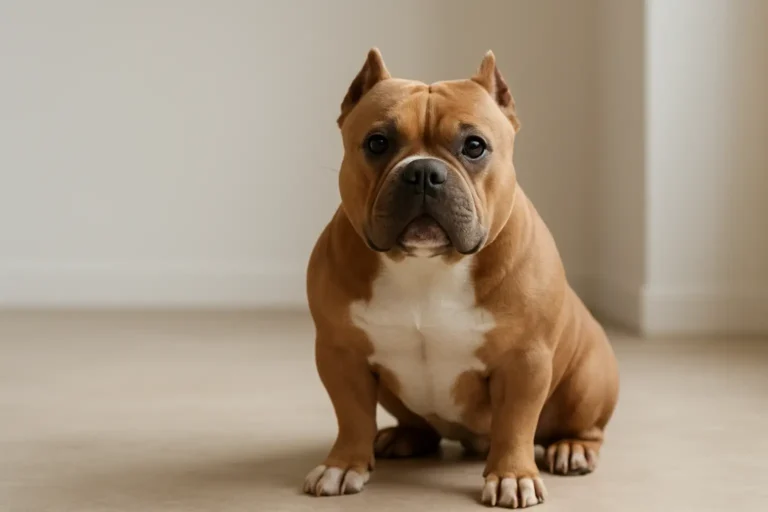 Chien perro bully pocket compact et musclé dans un intérieur neutre