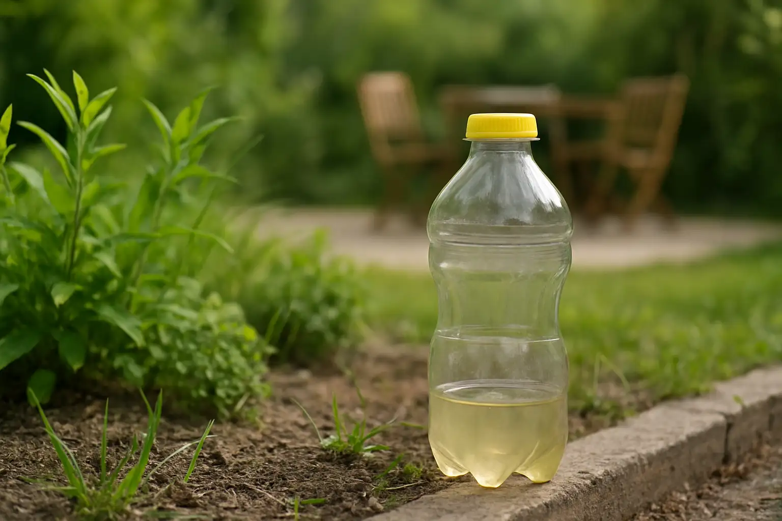 Piège à guêpe maison fabriqué avec une bouteille plastique, placé discrètement dans un jardin près d’une terrasse
