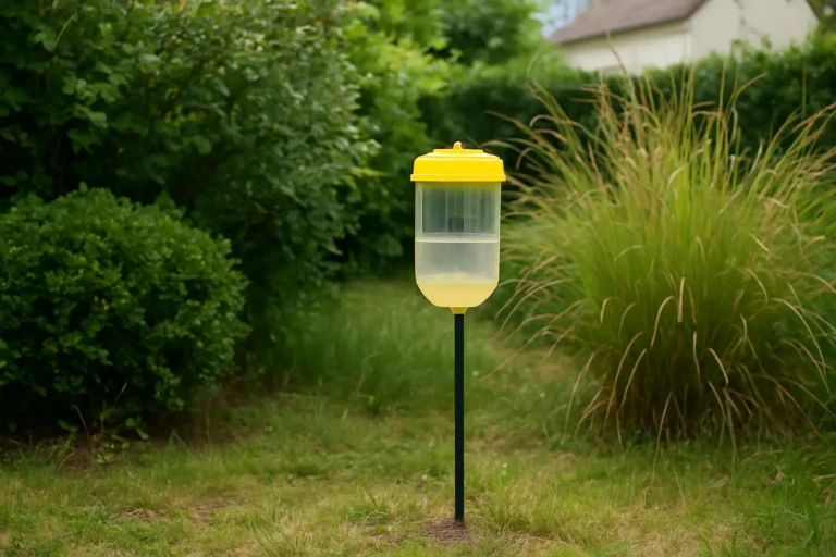 Piège à frelon asiatique installé dans un jardin de maison