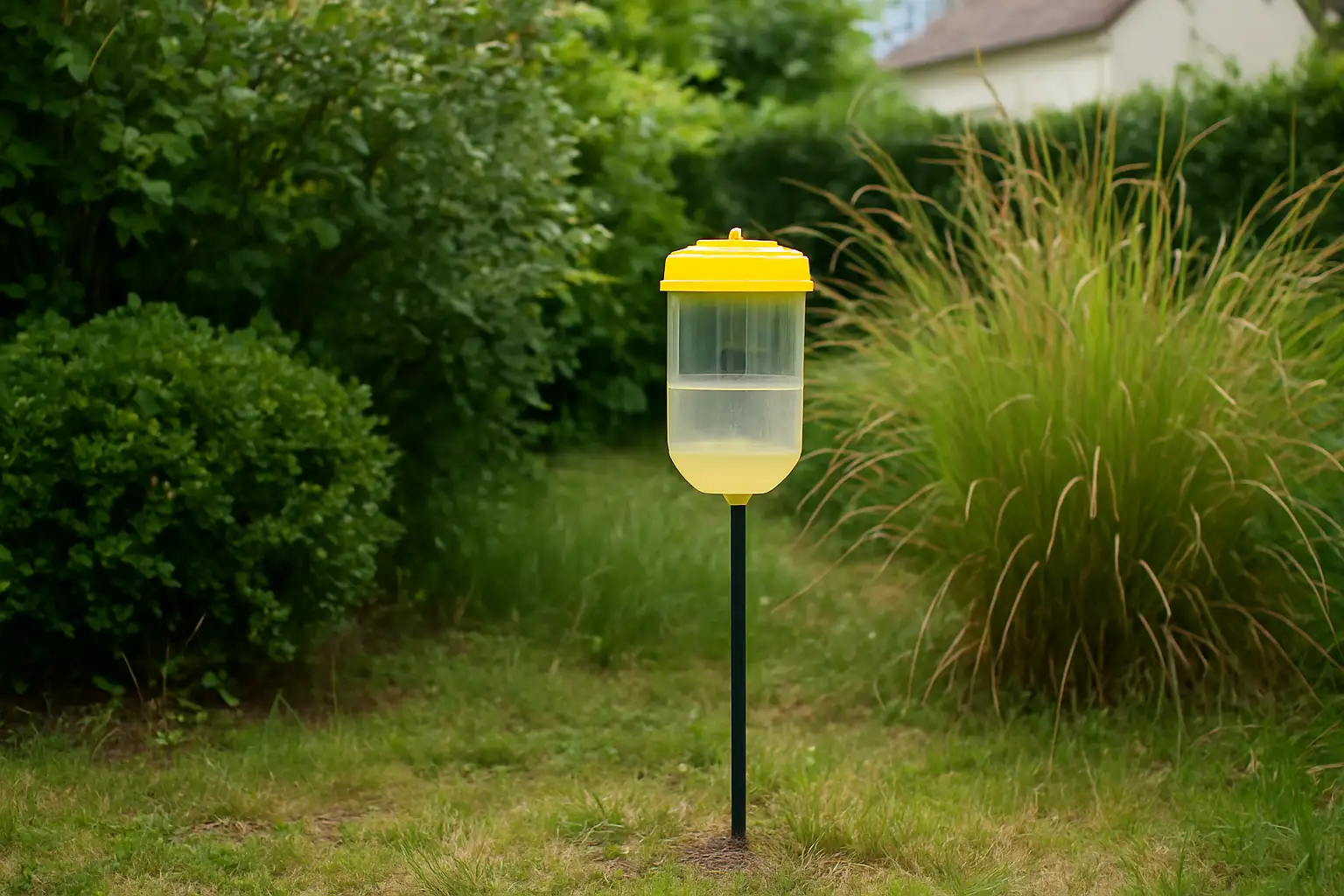 Piège à frelon asiatique installé dans un jardin de maison
