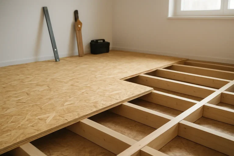 Plancher OSB en cours de pose sur une structure bois dans une pièce de maison