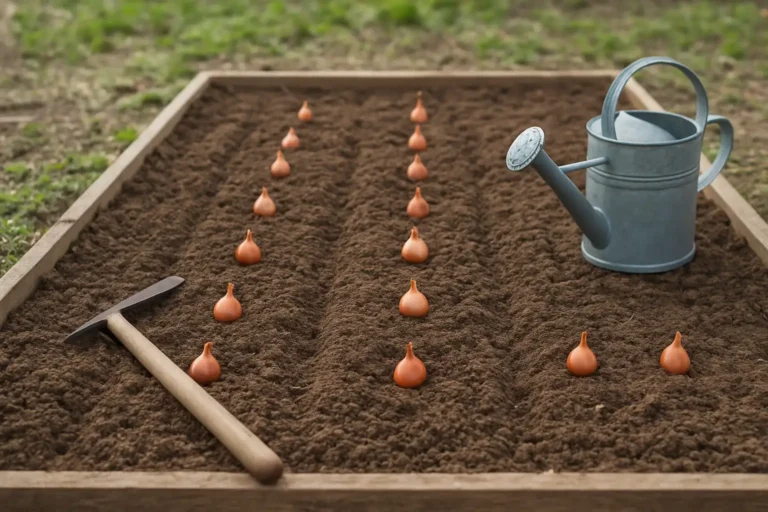 Carré de potager prêt pour planter des oignons avec terre ameublie et outils de jardin