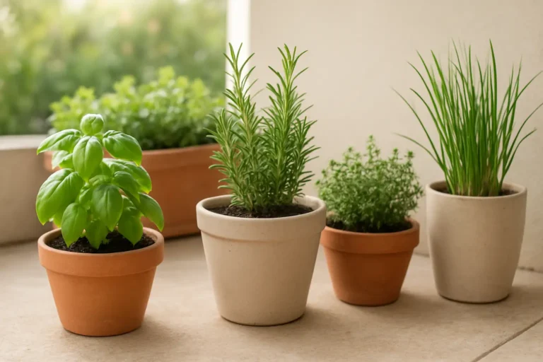 Plantes aromatiques en pots sur une terrasse lumineuse, avec basilic, thym et romarin