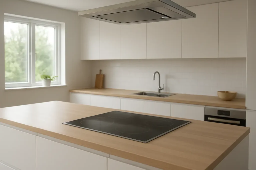 Plaque induction avec hotte intégrée dans une cuisine moderne avec îlot central