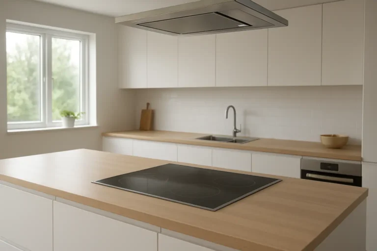 Plaque induction avec hotte intégrée dans une cuisine moderne avec îlot central