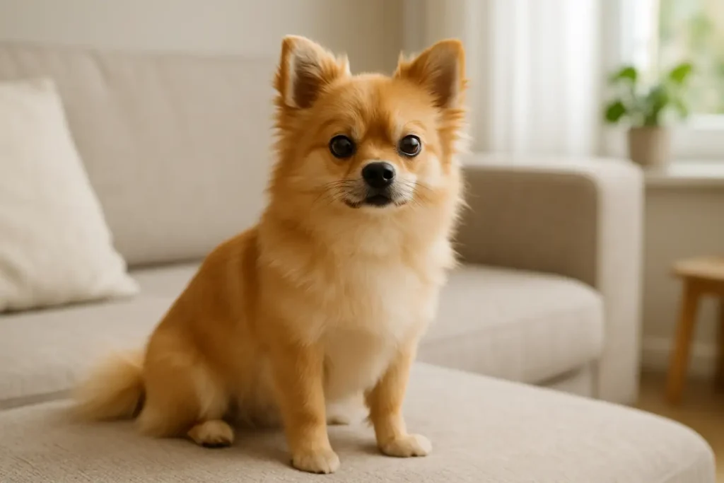 Petit chien pomchi assis dans un intérieur lumineux et moderne