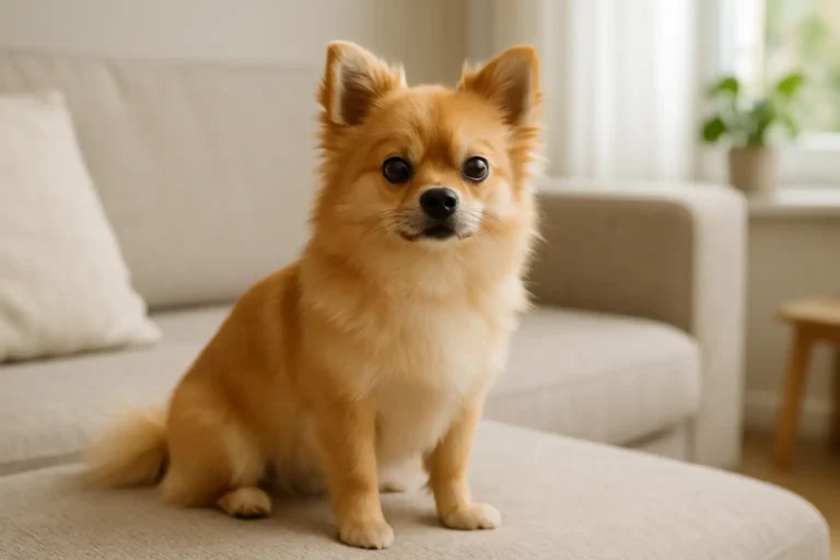 Petit chien pomchi assis dans un intérieur lumineux et moderne
