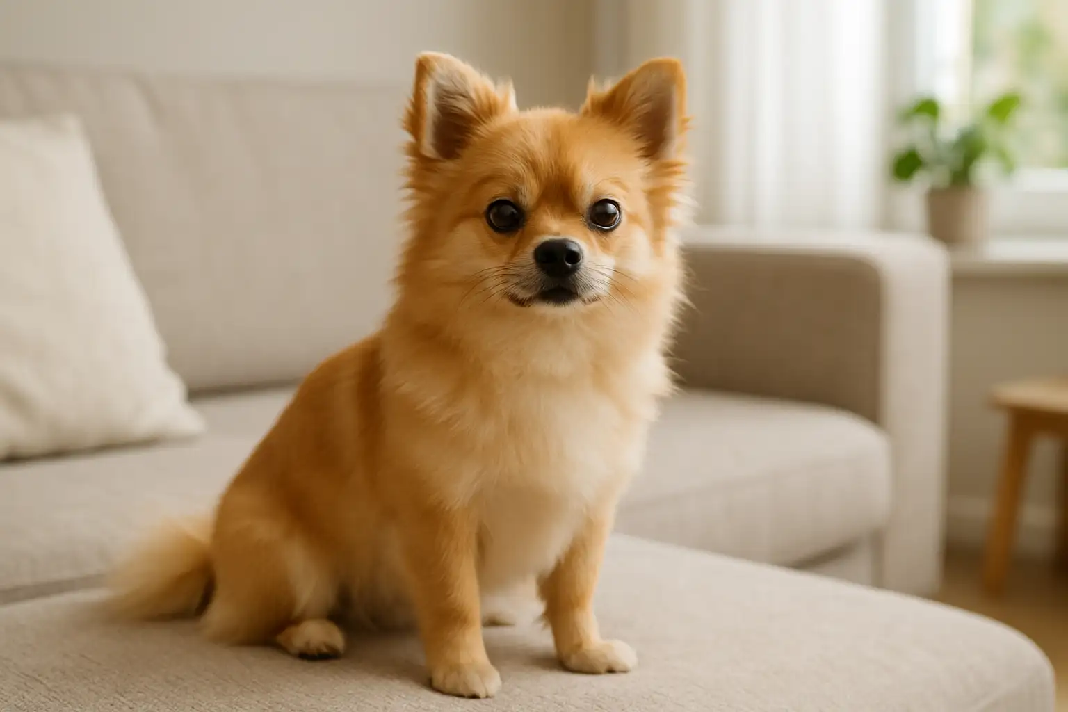 Petit chien pomchi assis dans un intérieur lumineux et moderne