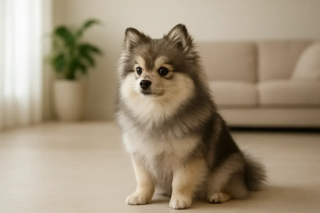 Petit pomsky nain au pelage dense assis dans un intérieur lumineux
