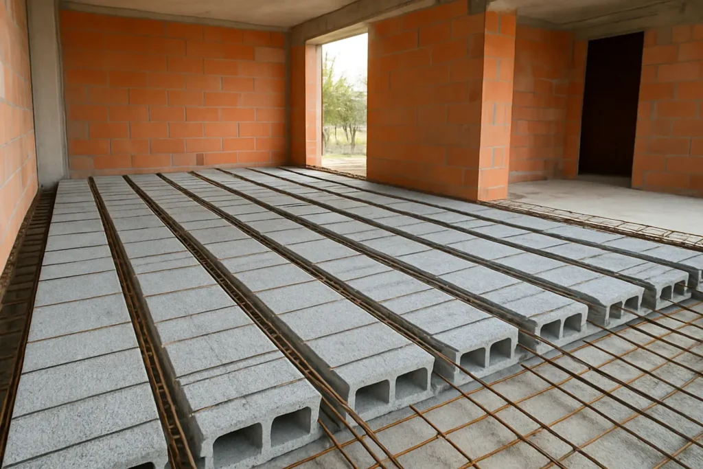 Plancher en cours de montage avec poutre pour hourdis et entrevous sur un chantier de maison