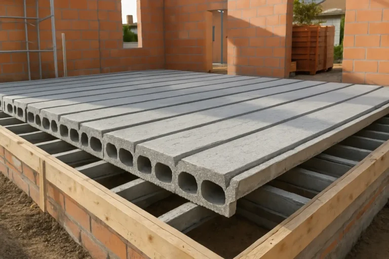 Plancher poutrelle hourdis en cours de pose sur un chantier de maison