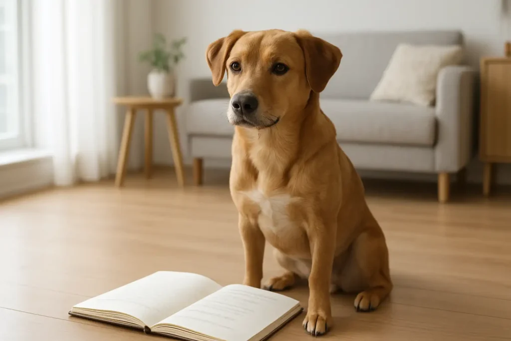 Chien mâle dans un intérieur moderne à côté d’une liste de prénoms possibles en A