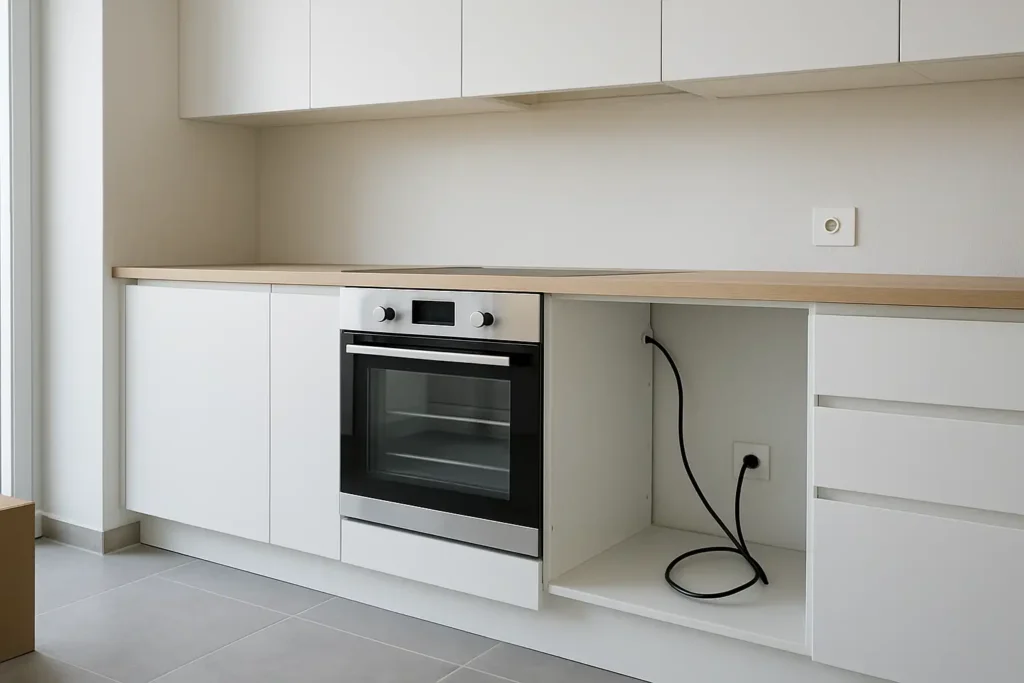 Prise four ou sortie de câble derrière un four encastrable dans une cuisine moderne