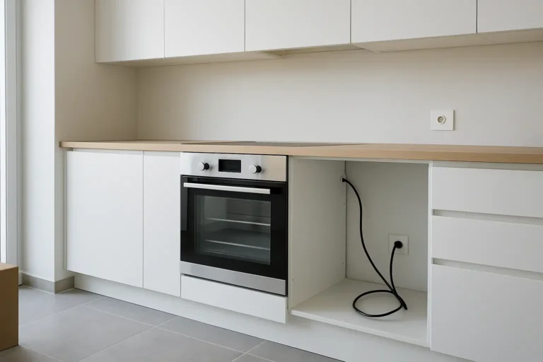 Prise four ou sortie de câble derrière un four encastrable dans une cuisine moderne