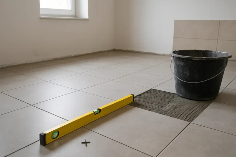 Chantier de pose de carrelage avec carreaux, niveau à bulle et colle au sol pour illustrer le prix carrelage m2